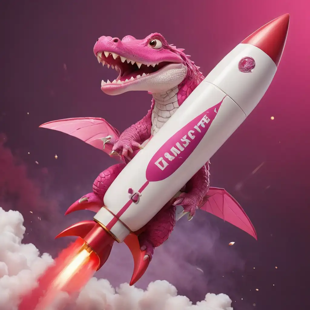 Magenta Crocodile Gripping a Red and White Rocket