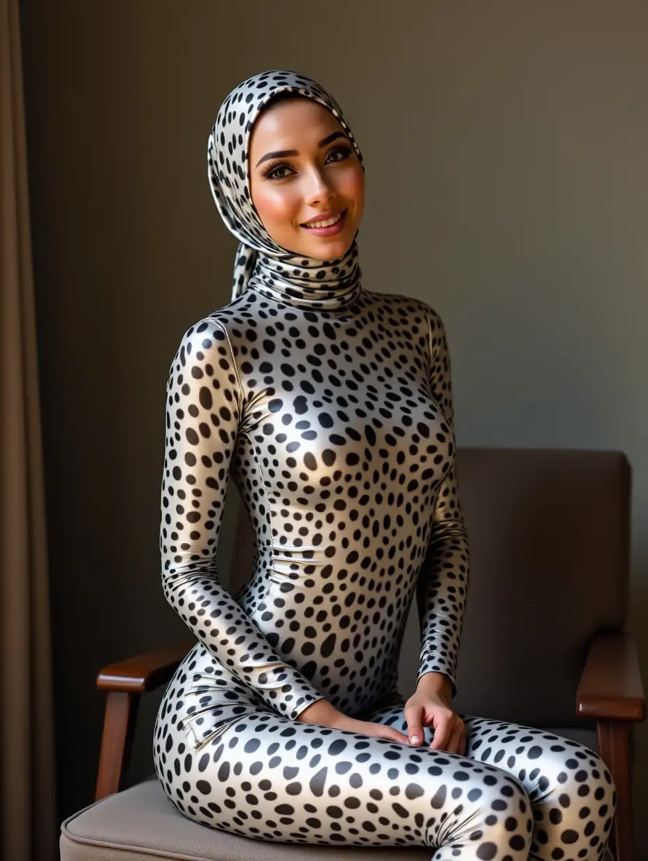 the most beautiful  asian muslimah woman girl with beautiful  cheeks wears sliver  leopard print  lycra turtleneck unitard catsuit covered  with spots.She wears sliver leopard print lycra cotton  inner  hijab-like swimming  spandex hijab-like dancewear costume  beautiful  chiffon hijab covered  with leopard spots.She wears leopard  print lycra zentai costume socks covered  with leopard spots.She sits on the chair.