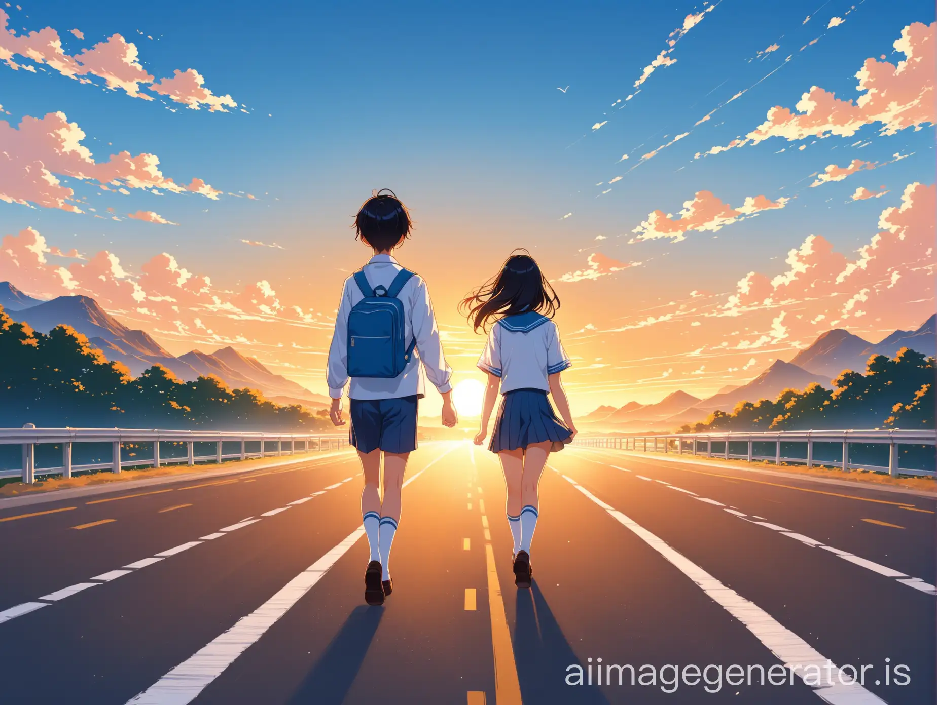 Animated Chinese student walking towards the sunrise on the road, wearing a blue-white school uniform, handsome