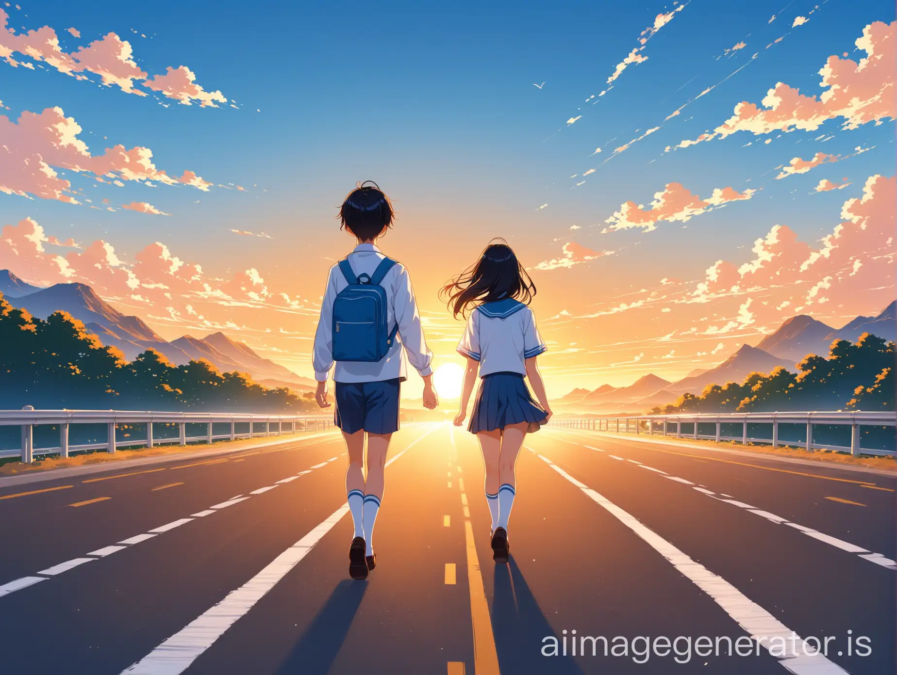 Chinese-Student-Walking-towards-Sunrise-in-BlueWhite-School-Uniform