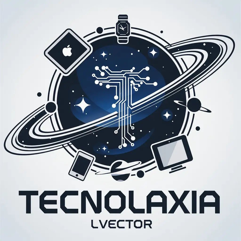 LOGO Design for TecnoLaxia Futuristic Galaxy with Electronic Circuits and Technology Icons