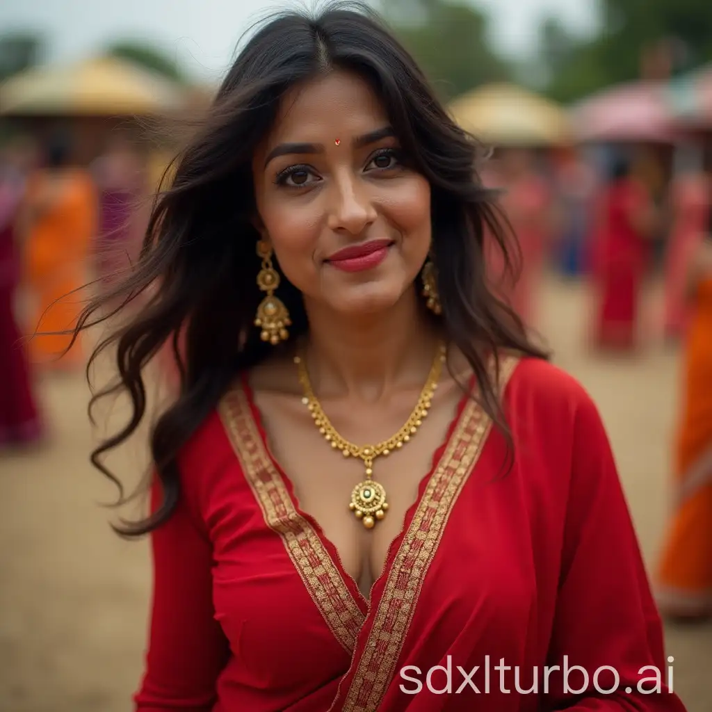 Indian-Woman-in-Red-Saree-Dancing-Garba-with-Big-Round-Eyes