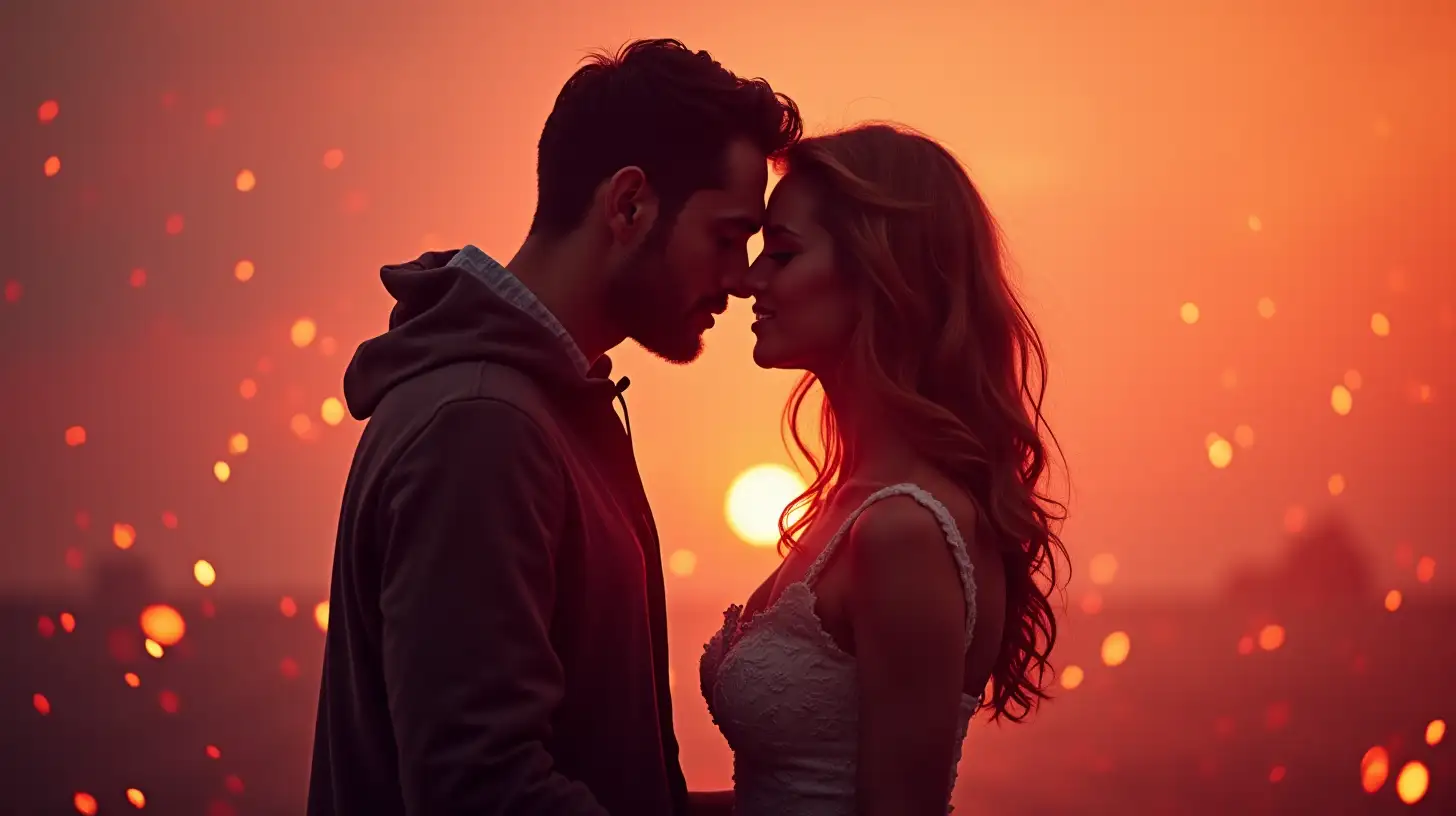 Gorgeous couple about to kiss, romantic background, vibrant colours