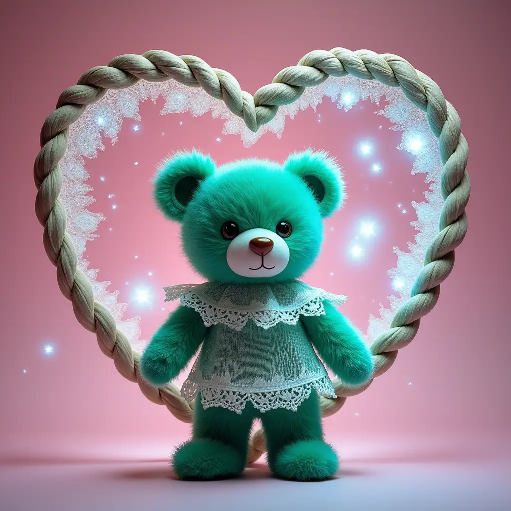 Cloth stick art, heart shaped braided lace, a green furry teddy bear wearing lace on a soft pink simple background, backlit bioluminescent lace cloth, faint whisper of glowing fireflies, blue faint magic surrounding the teddy bear like a tornado