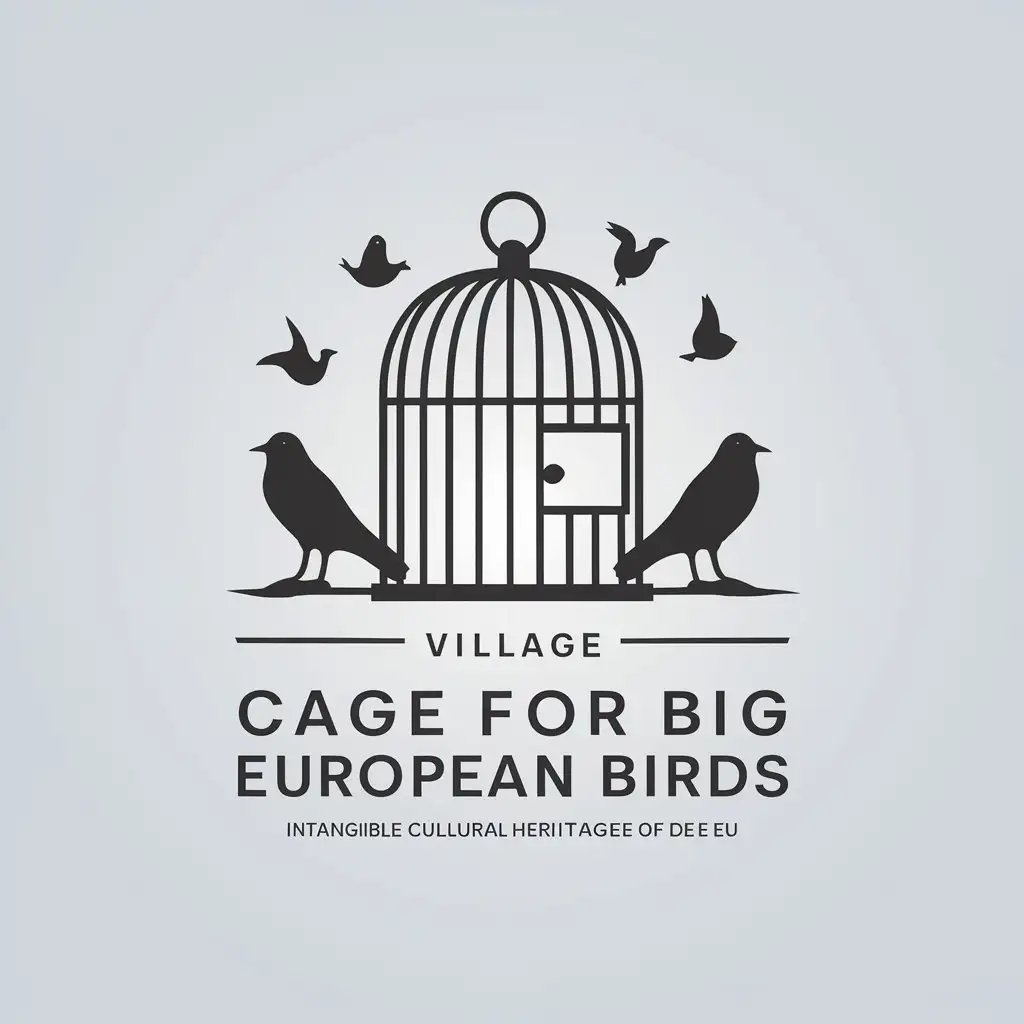 a vector logo design,with the text "cage for big European birds", main symbol:Traditional bird cages, birds, village, intangible cultural heritage of De EU Village,Minimalistic,be used in Travel industry,clear background