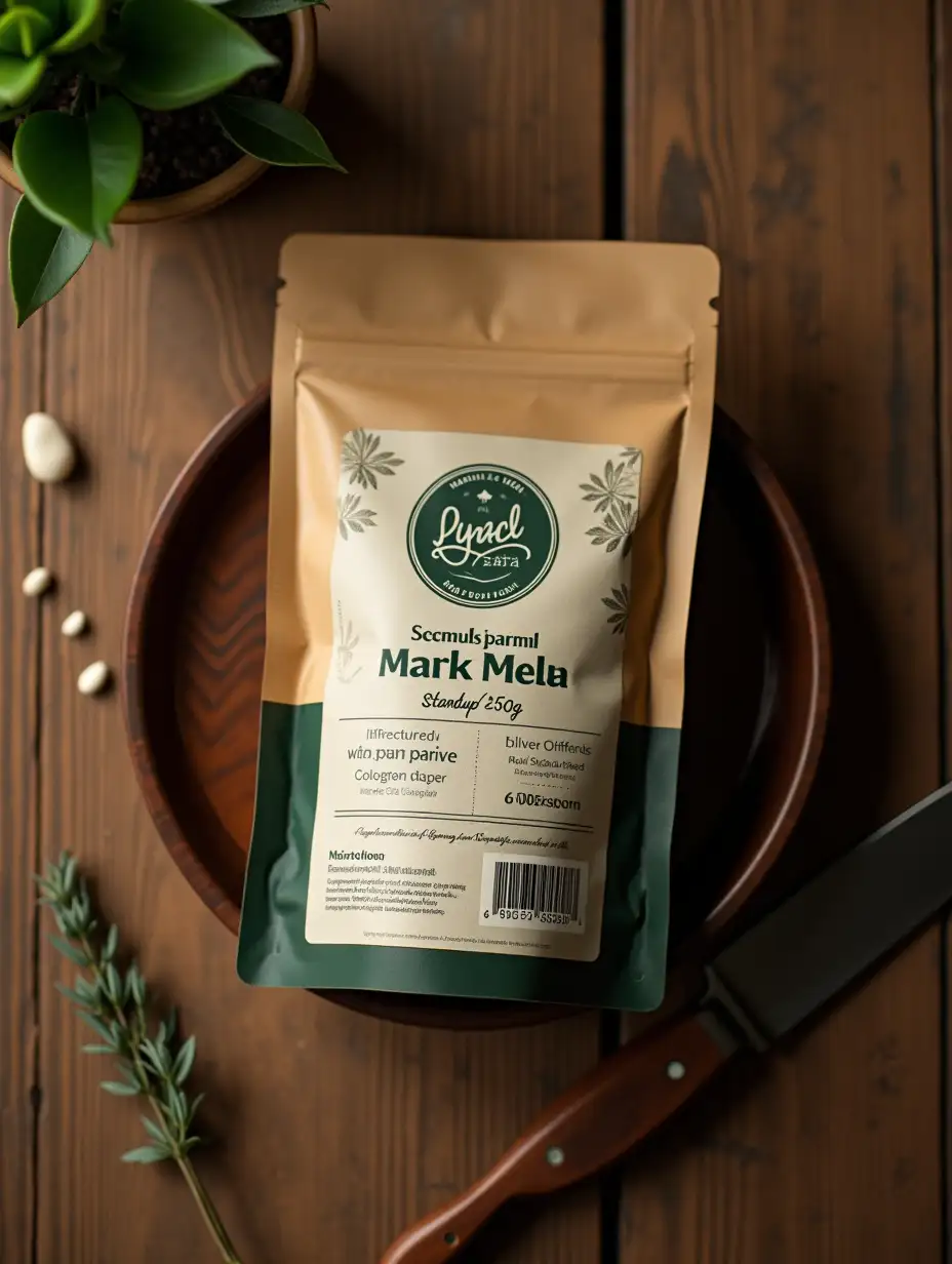 A top-down shot of a 250g stand-up pouch made of kraft paper. The pouch is on a wooden surface with a rustic texture. The label features a hand-drawn logo, and handwritten font. The colors include brown, dark green, and off-white. The composition is warm, inviting, and has a handcrafted feel. The scene is naturally lit, with some natural shadows. High-resolution.