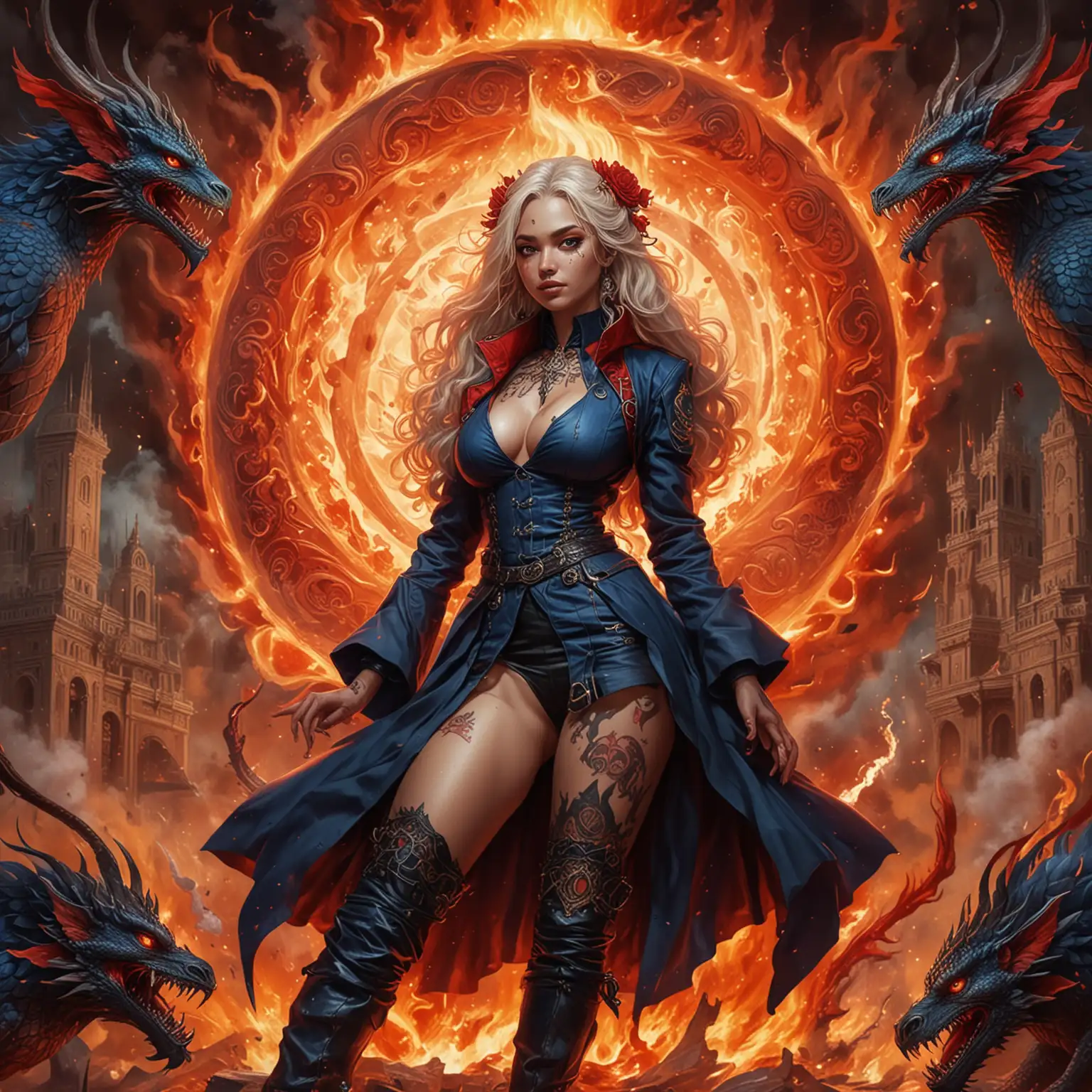 Goddess Empresses and Sorceress Witches Surrounded by Fire and Dragons