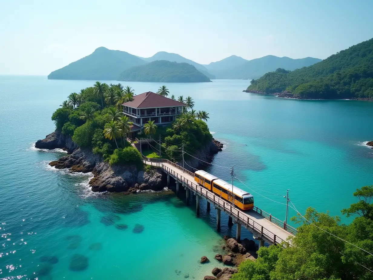 Photo in super-high resolution, high detail, sharpness of macro lens, Indonesia, sea, on far and medium plans islands with tropical forests and tourist bungalows on the coast, on the foreground to the side of the frame part of a rocky island, at a small height stands a large beautiful expensive bungalow, from the bungalow on the beach leading stone steps, from the island in the foreground to the island in the middle ground is located a bridge on piles, along the bridge laid tramway line, on both sides of the bridge are lamp posts, which support the contact wire, along the rails goes two-car tram, on both cars raised pantographs, islands in the middle ground and islands in the far plan are connected by bridges on piles, along the bridges go trams