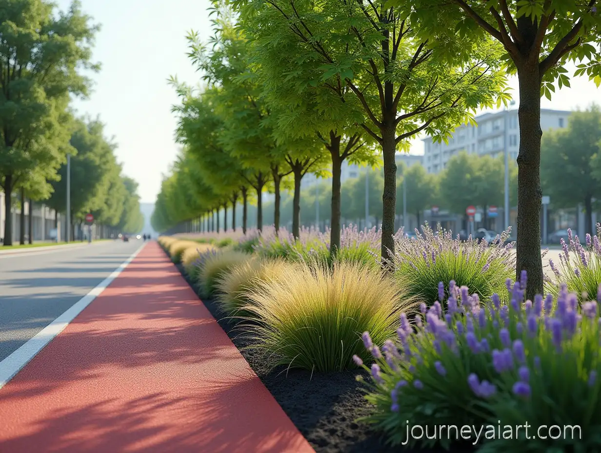 Photorealistic-Urban-Green-Corridor-with-Cyclist-Perspective-on-Red-Bike-Lane