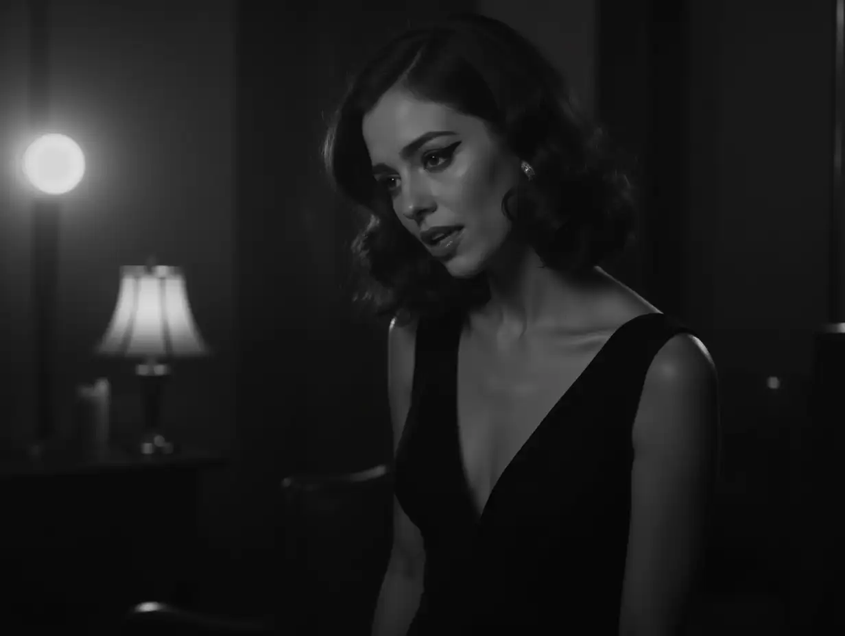 1960s-Italian-Cafe-Singer-in-Black-Dress-Cinematic-Black-and-White-Mood