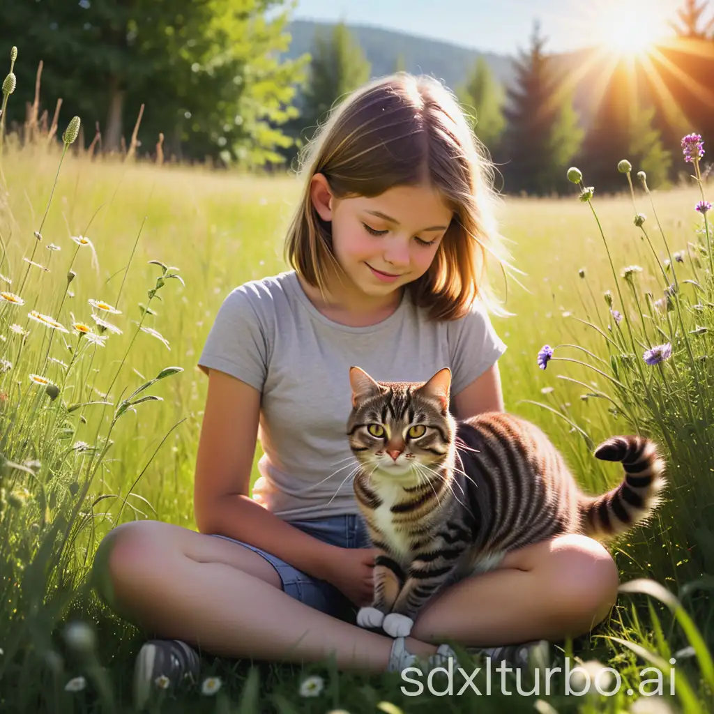 Girl-and-Tabby-Cat-Enjoying-Sunny-Meadow-Peaceful-HumanAnimal-Bond