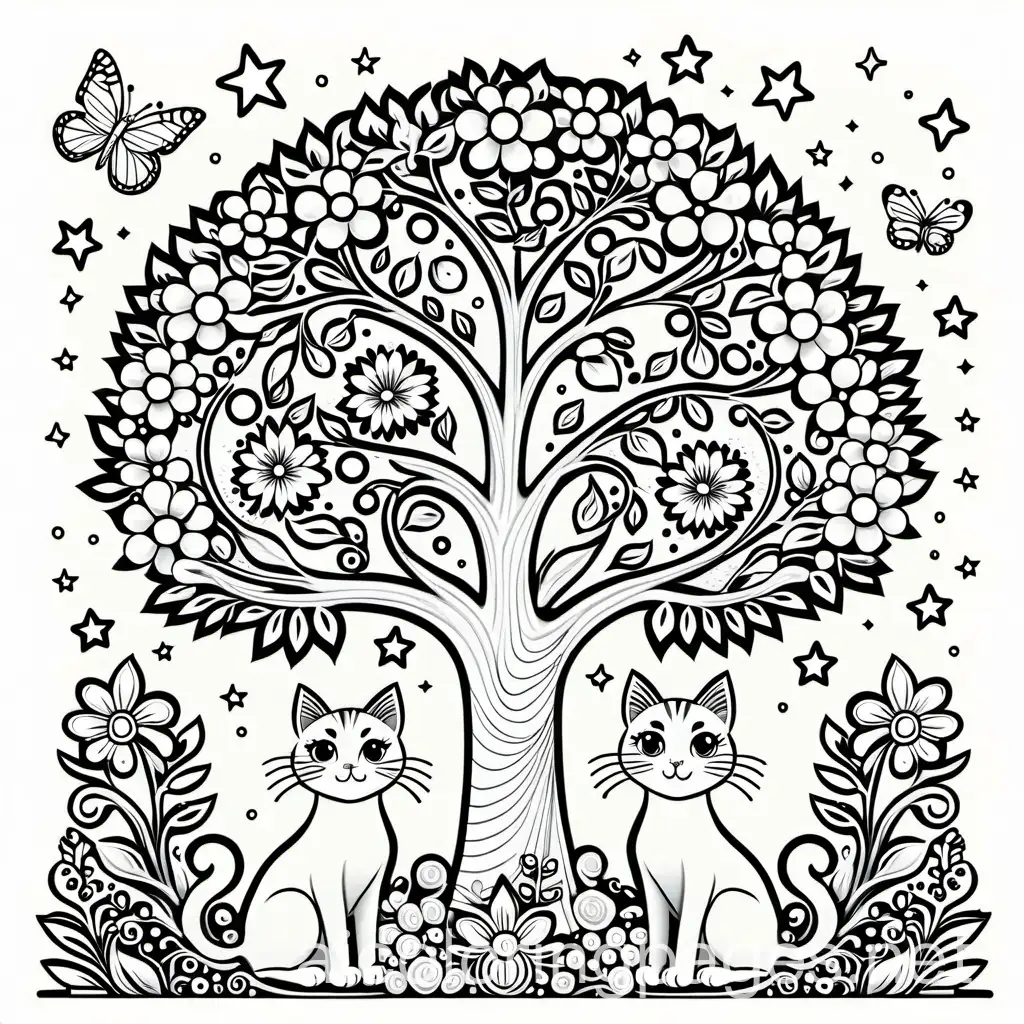 3 cats, tree, flowers, stars, butterflies , Coloring Page, black and white, line art, white background, Simplicity, Ample White Space. The background of the coloring page is plain white to make it easy for young children to color within the lines. The outlines of all the subjects are easy to distinguish, making it simple for kids to color without too much difficulty