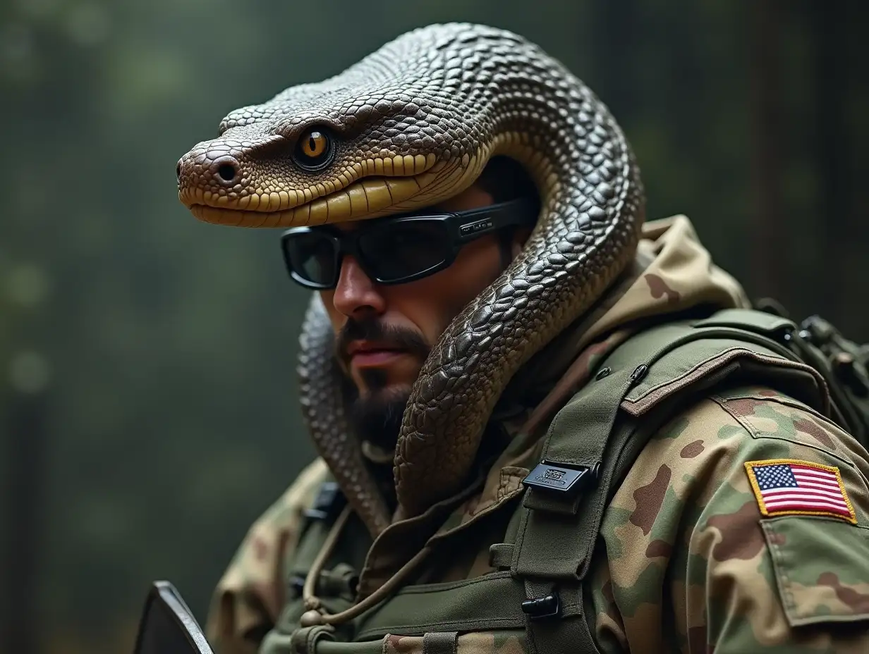 a man with snake head in full military camouflage with shield and very narrow glasses