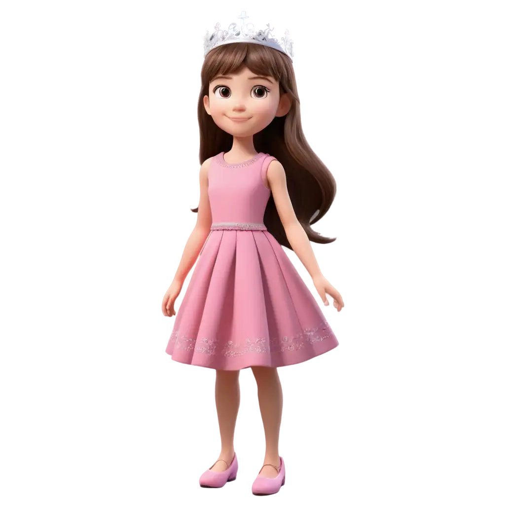 Create a 3D character, child, girl, happy, white, brown eyes and small, small mouth, long straight hair with bangs, dressed in a pink dress, wearing a crown, wearing crystal shoes, she is a little princess.