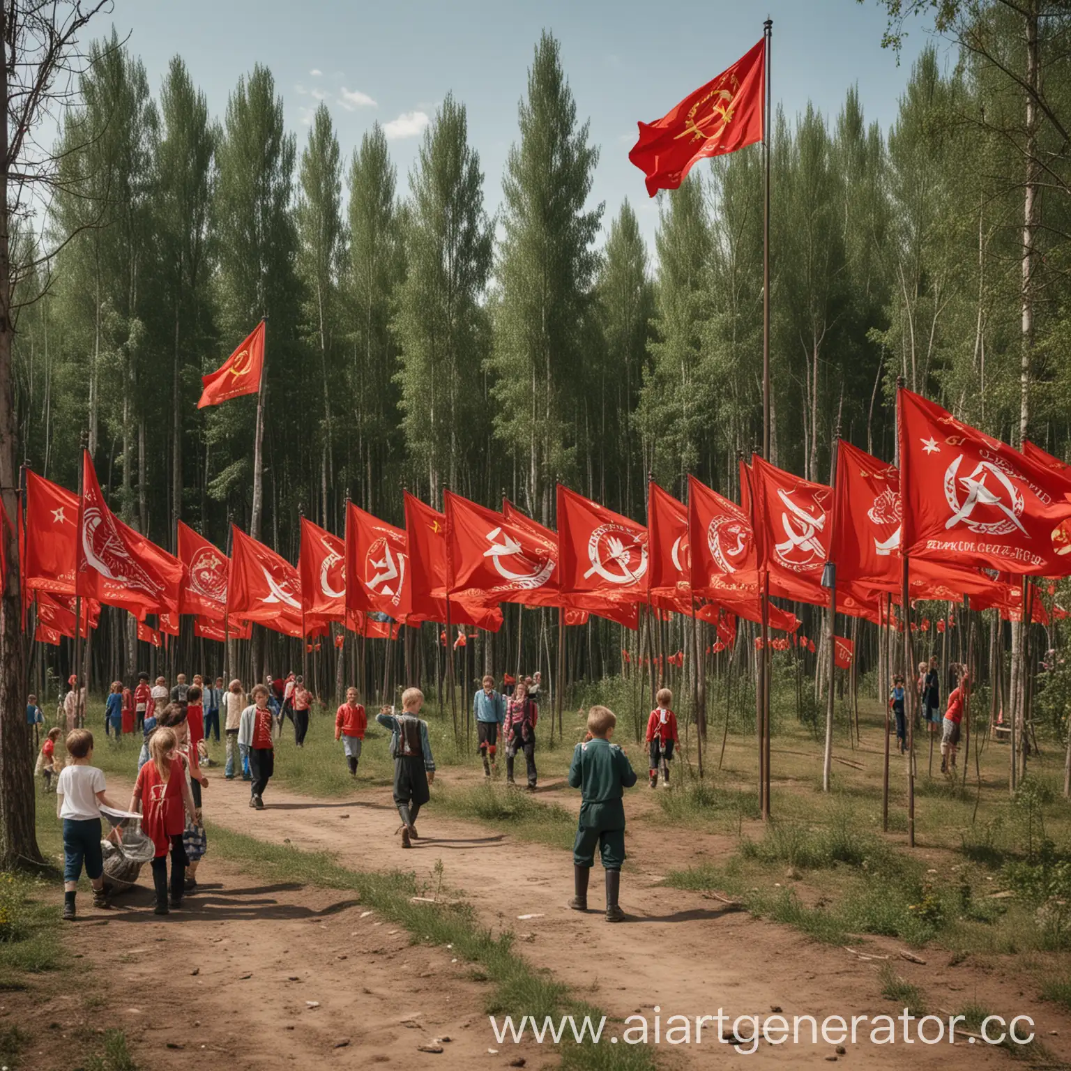 Soviet-Communist-Summer-Camp-Children-Pioneers-and-USSR-Flags