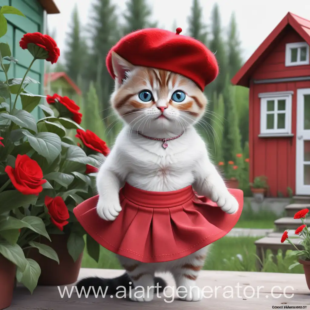 Russian-Cat-in-Red-Beret-and-Skirt-Managing-Dacha-with-Family