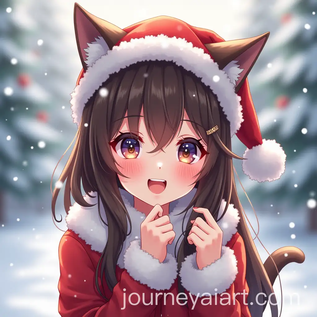 Anime-Girl-with-Cat-Ears-in-Santa-Claus-Hat-Surrounded-by-Snow-and-Sparkles