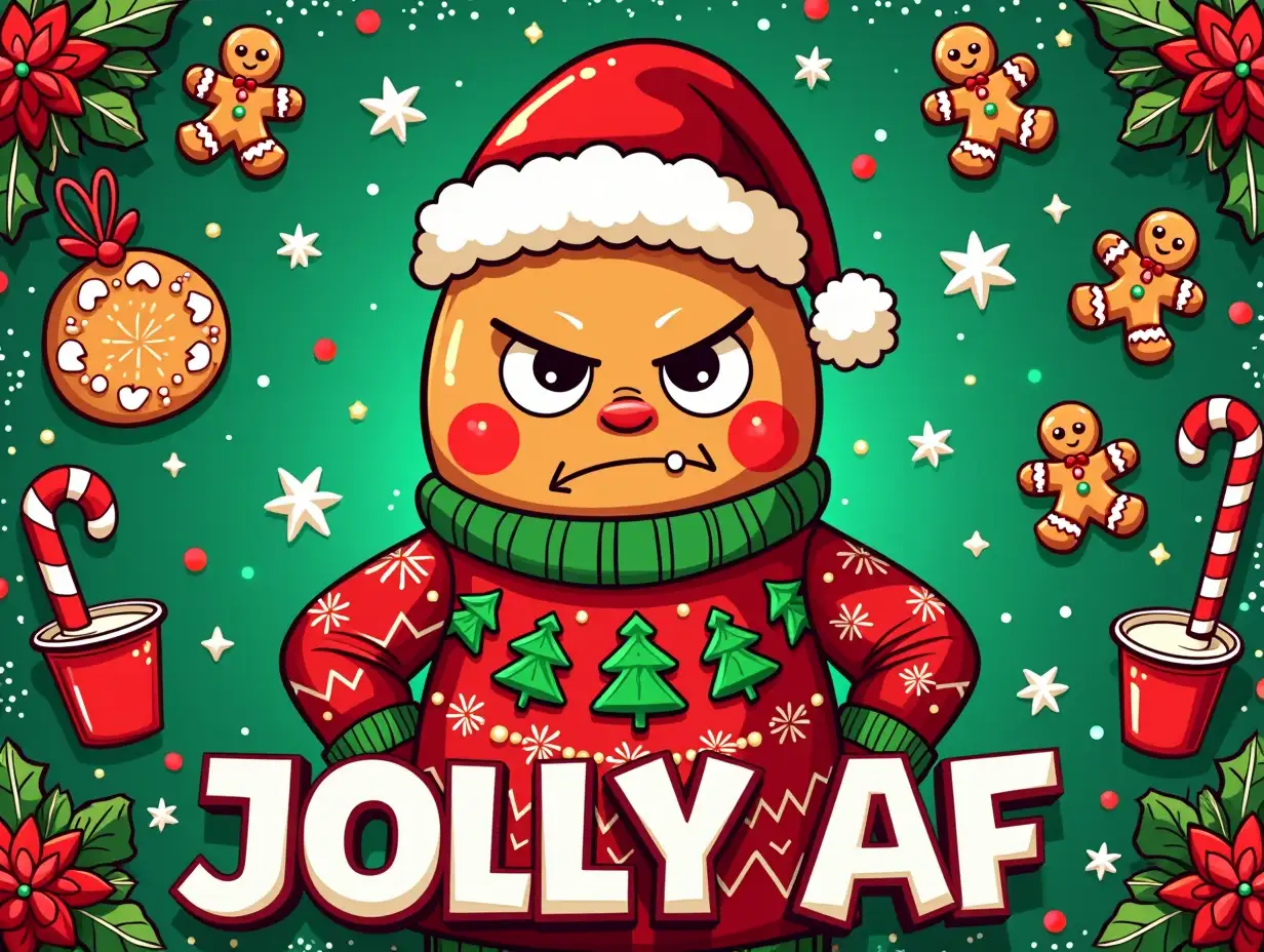 Vector illustration, Art style: stained glass. Create a jolly gingerbread cookie character wearing a festive red and green Christmas sweater, pouting with an angry expression. The background should be vibrant green, decorated with colorful Christmas elements like gingerbread cookies, candy canes, a red cup, snowflakes, and holiday decorations. Use bold outlines for a playful aesthetic that blends cartoonish charm with holiday cheer. Emphasize festive colors of red, green, and white to create a lively and humorous Christmas atmosphere. Include the text 'JOLLY AF' in large, bold font at the bottom to accentuate the playful theme.