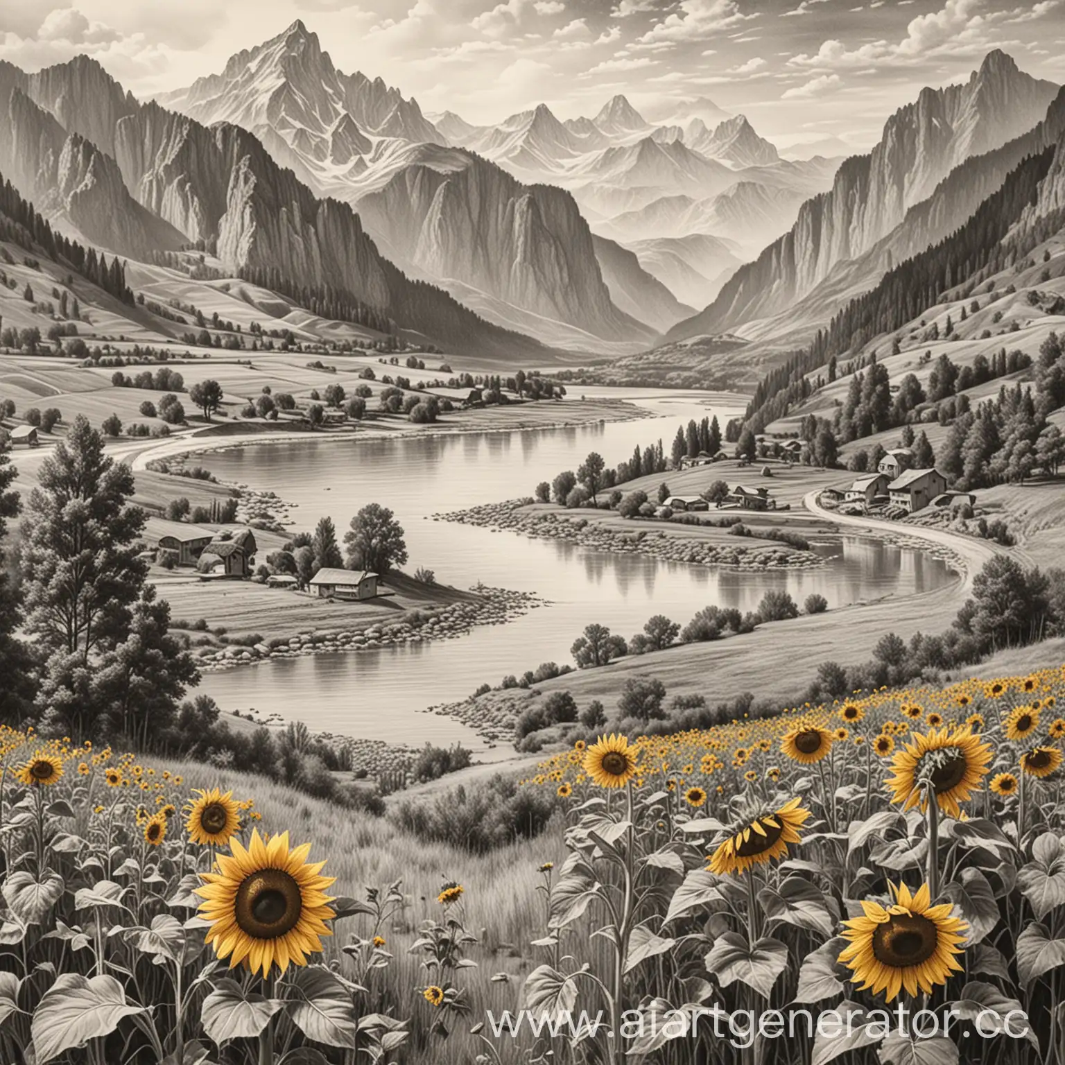 Sunflower-Field-with-Mountains-and-River-Pencil-Drawing