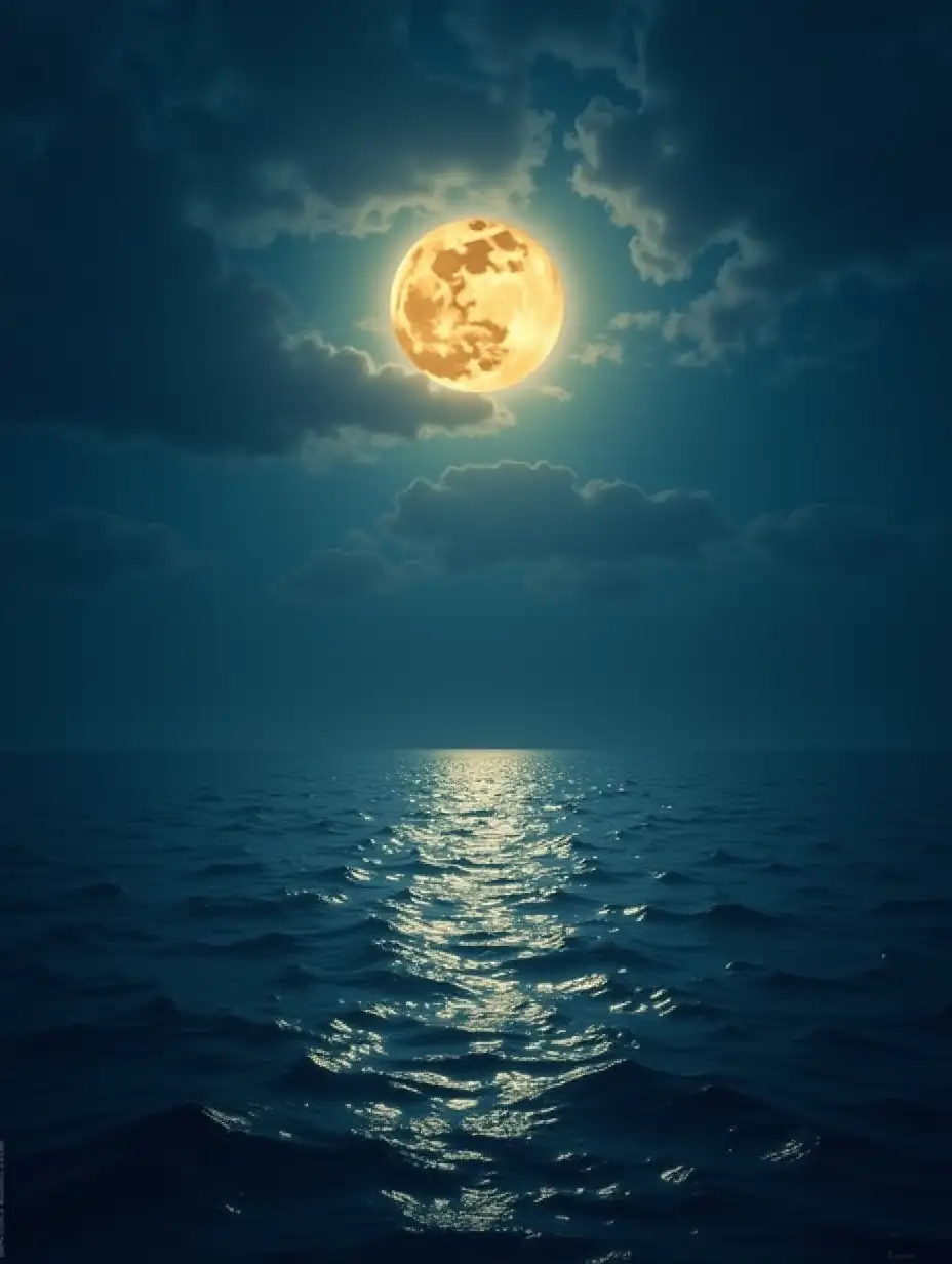 mysterious, sea, blue, golden, full moon, summer sky