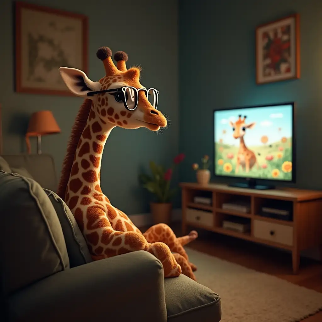 little giraffe with glasses dressed as a boy watching tv