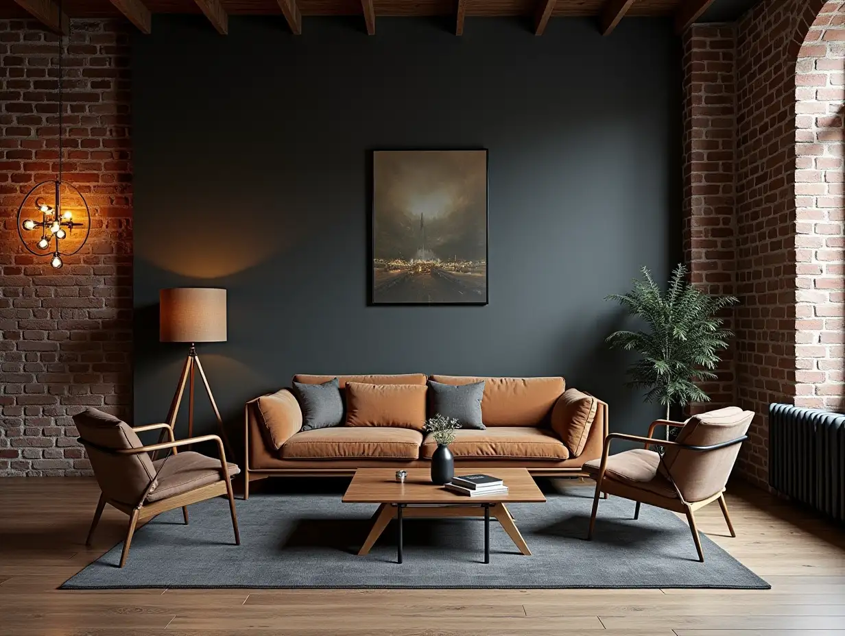 LoftStyle-Interior-with-Dark-Tones-Brick-Wall-and-MetalWood-Furniture