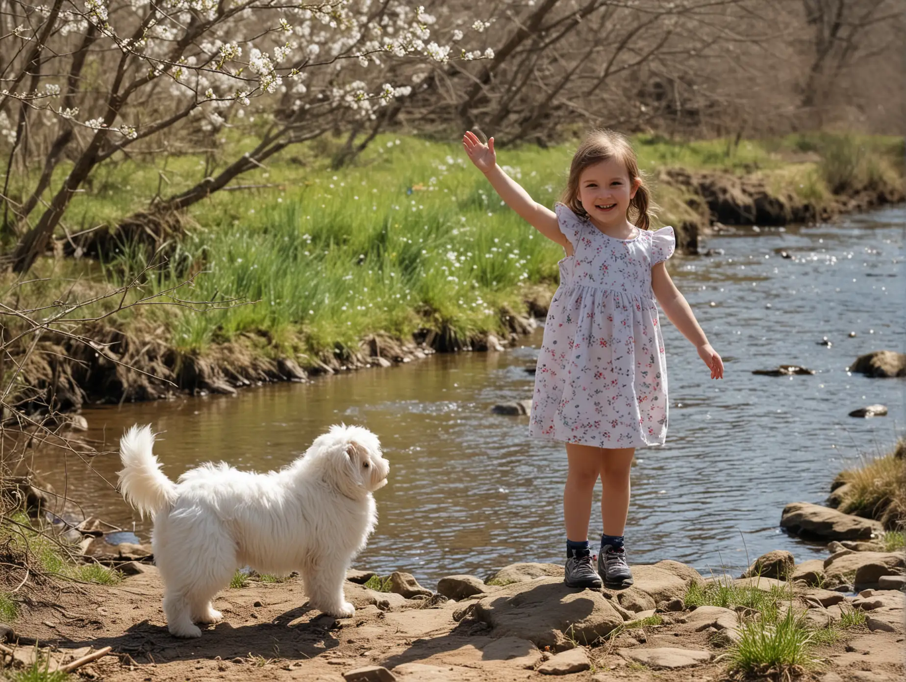 spring afternoon, a little girl, standing on the opposite side of a small river, waving at you with a smile, with a little fluffy dog beside her