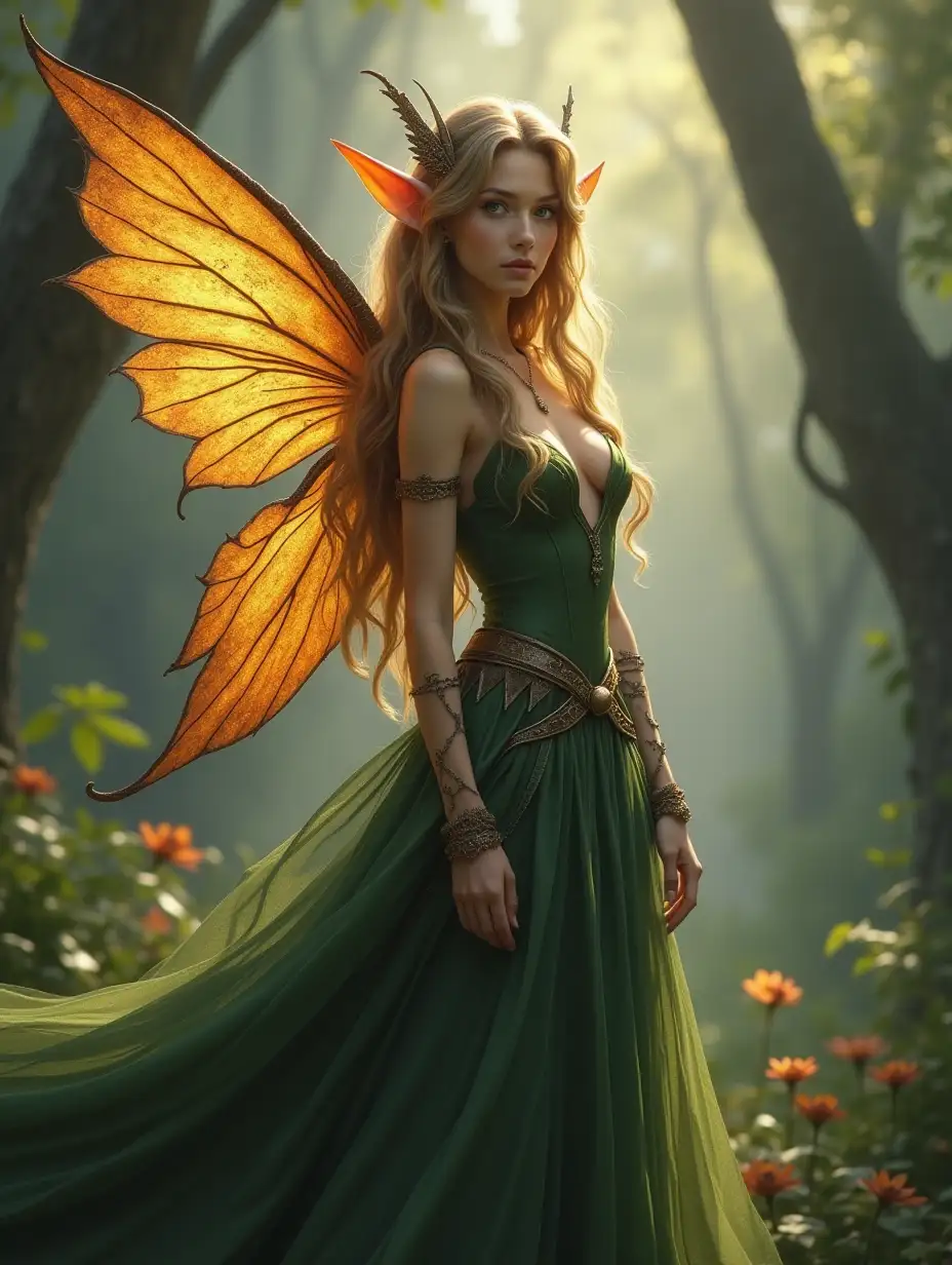 A beautiful elf girl, in a bestial dress with wings