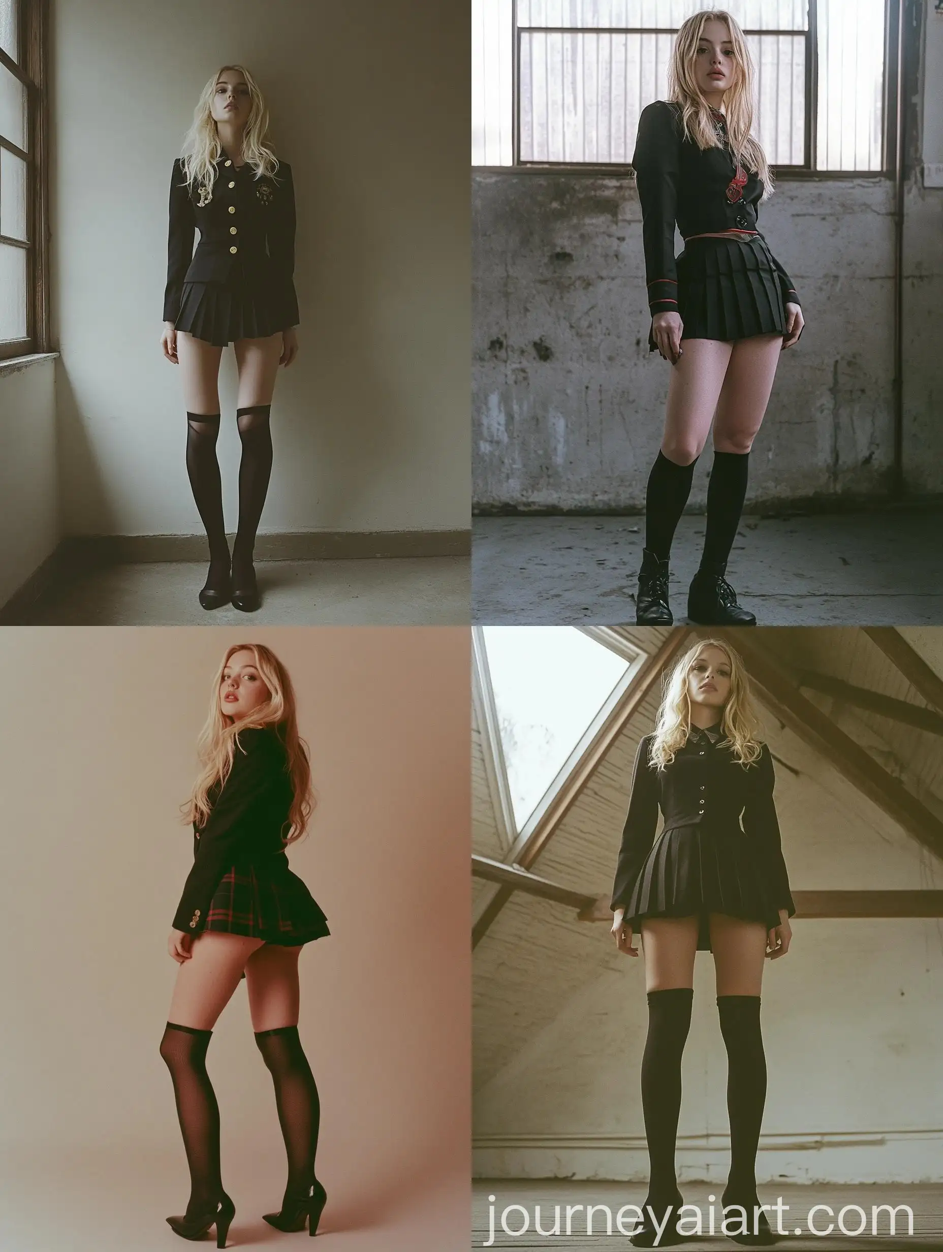 Blonde-Woman-in-School-Uniform-Poses-for-Fashion-Photoshoot