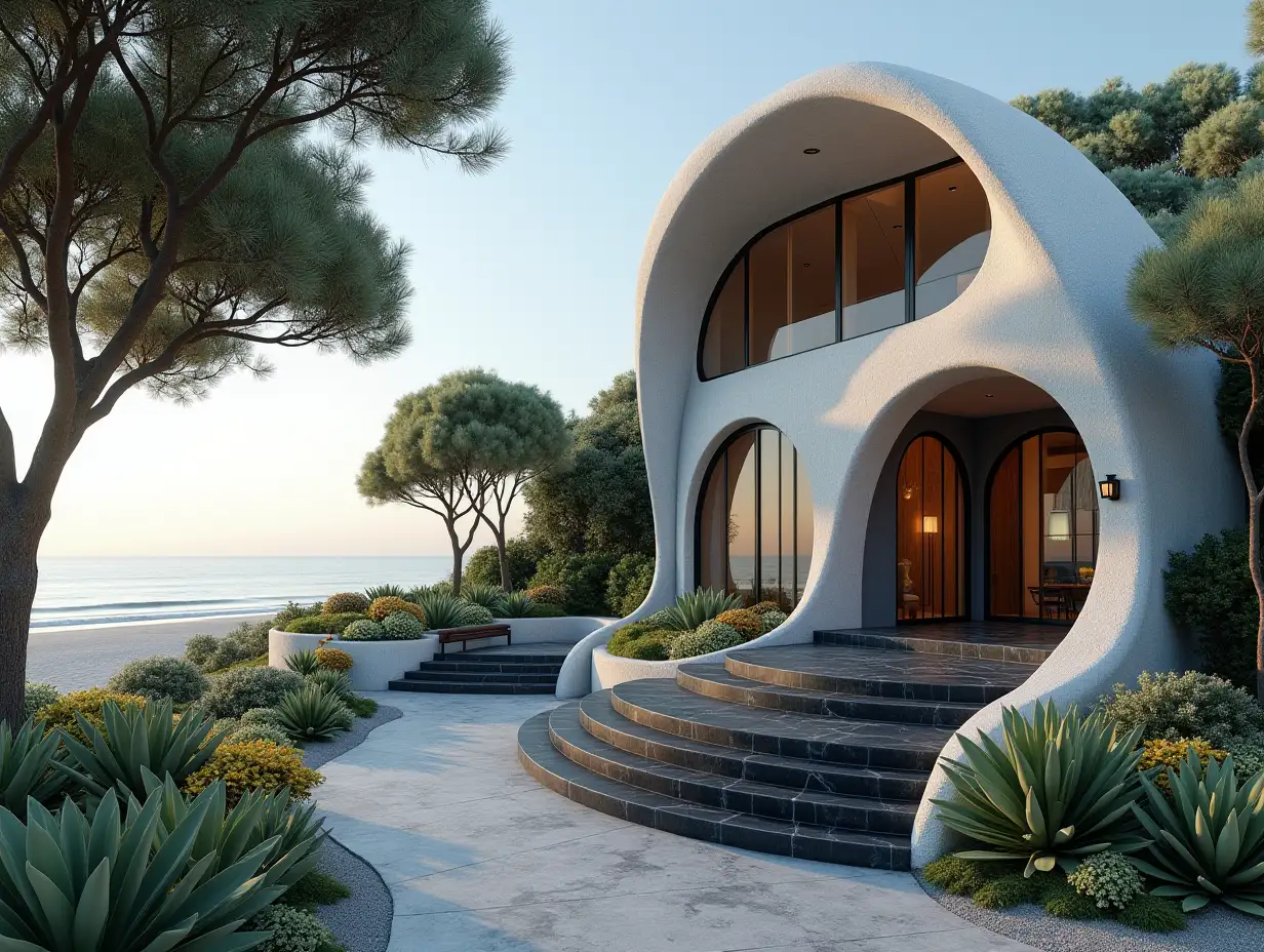 A glimpse into the interior of a crooked house, gray, with a side line to the beach  Planting - with stucco in the form of plant decorations, large windows with glass closed, curved, smooth window shapes, winding large entrance steps made of black marble complex, curved roof with dike, lanterns, bench on the beach with a slight view of the sea 4K resolution colorful super wide-angle shots