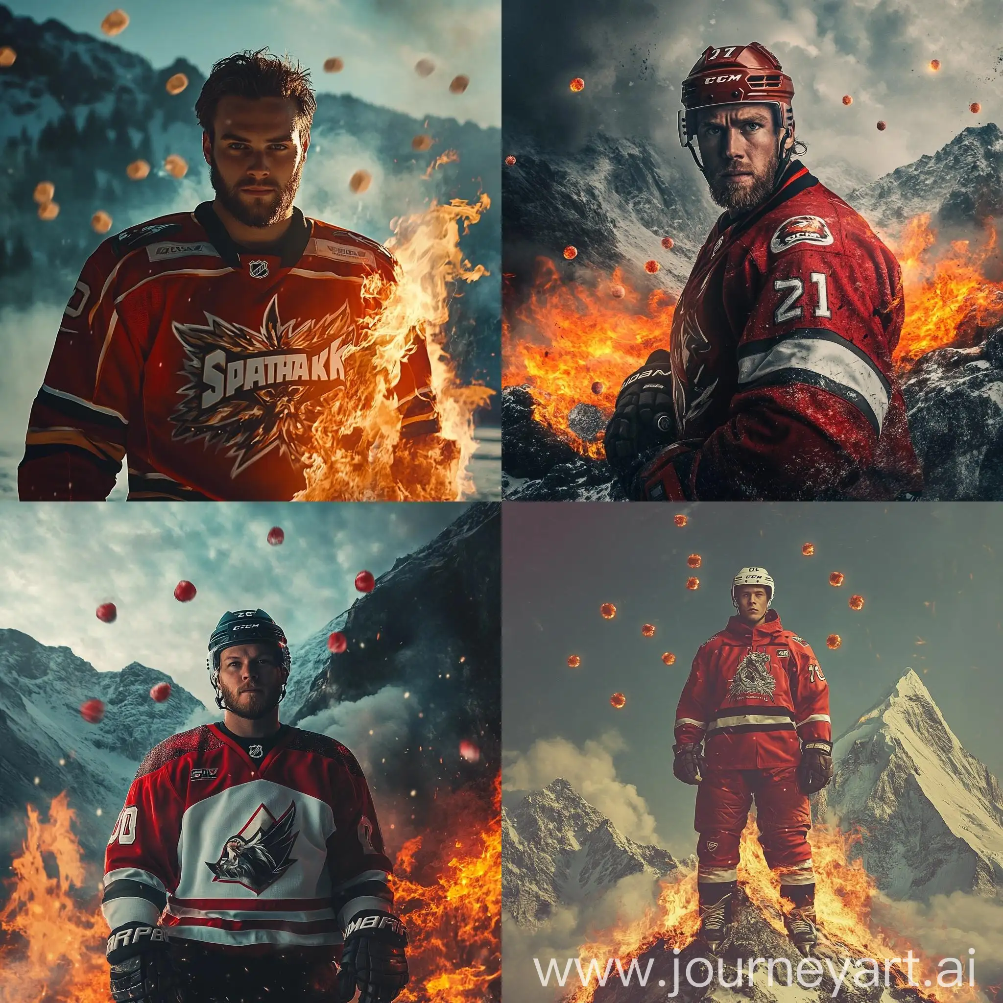 Spartak-Hockey-Player-Conquering-Mountain-Summit-with-Flying-Pucks