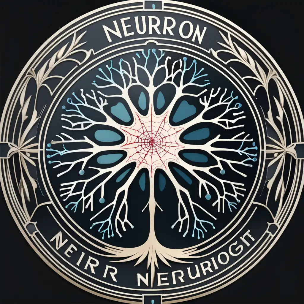 round seal of a neurologist with a picture of the neuron in art deco style