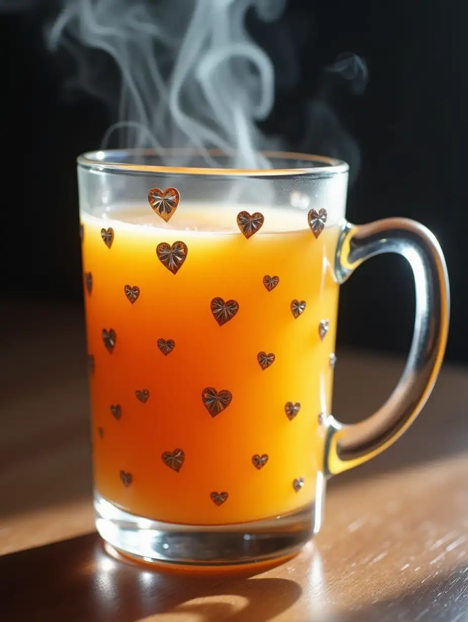 a beautiful mug made of transparent glass, large diamonds are glued at glass. smoke is coming out of mug, mug is filled with orange juice. and small lovely hearts are printed on glass