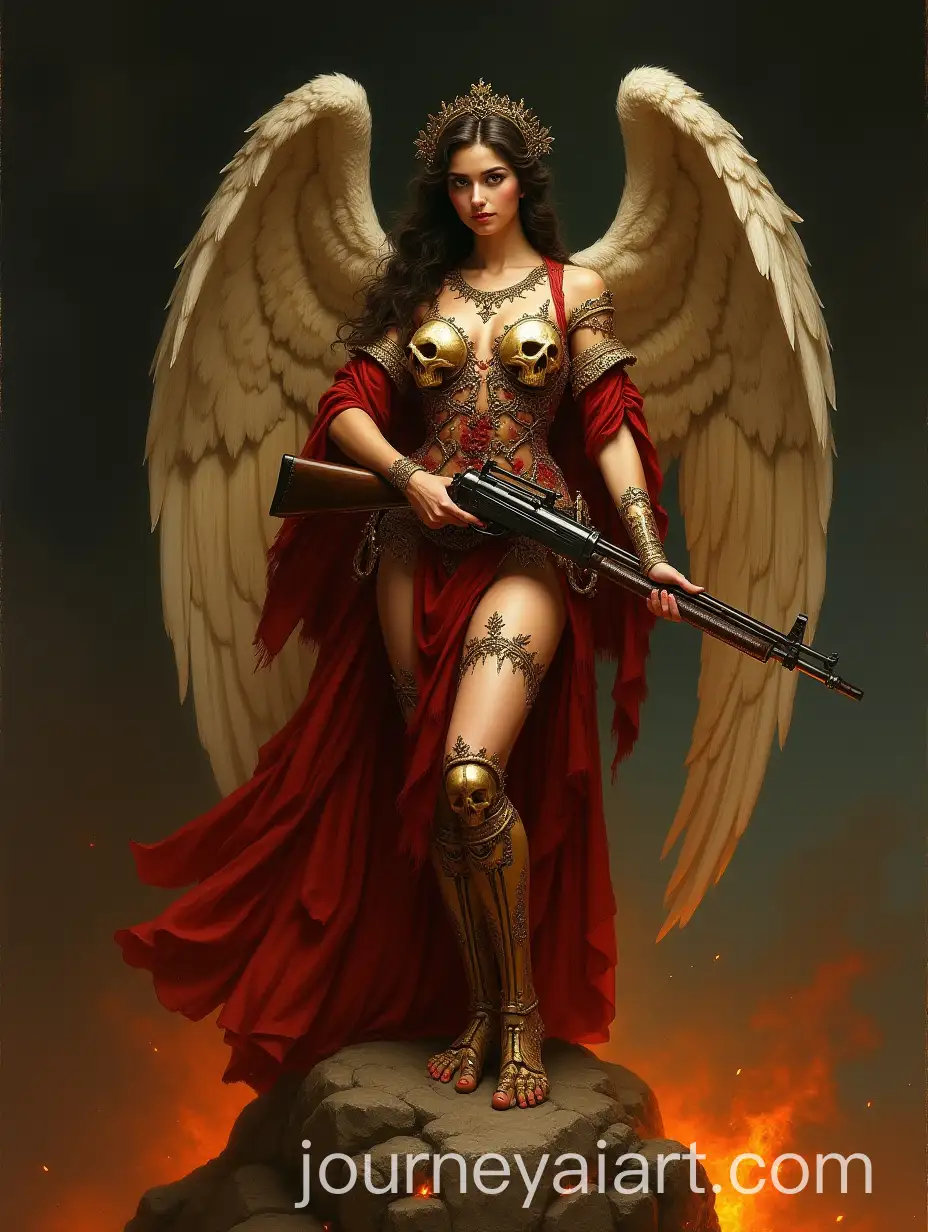 Female-Angel-Warrior-in-Skull-Armor-with-Kalashnikov-on-Fiery-Rock