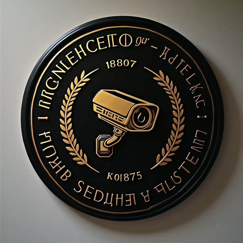 Graphic logo. Color black with gold. Inscription Montazhnik.blg Security systems Camera sign