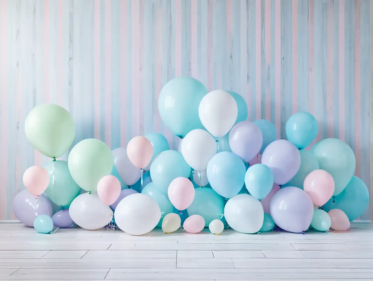 Pastel Balloons Against Striped Wallpaper with Wood Flooring