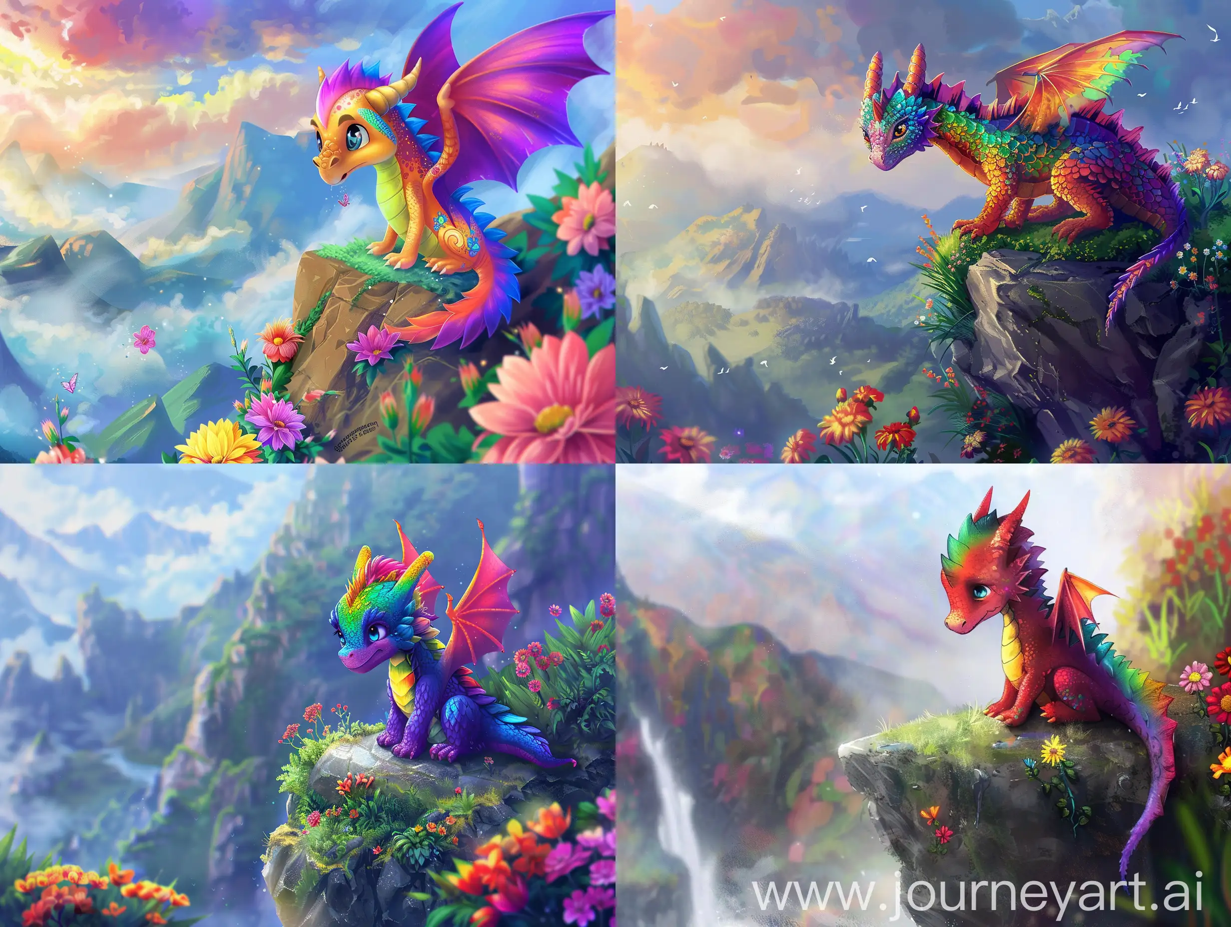 Lonely-Rainbow-Dragon-on-Cliff-Edge-with-Blooming-Flowers