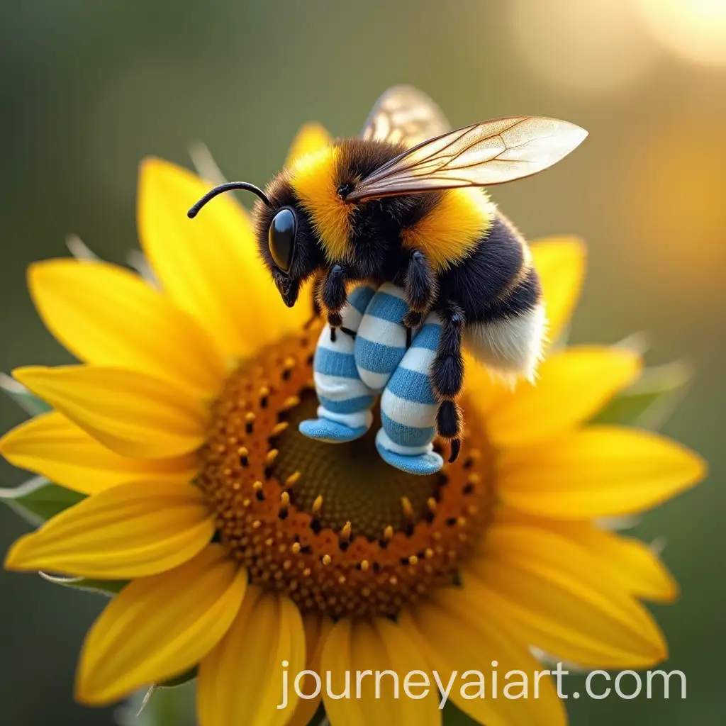 Bumble-Bee-in-Blue-Pajamas-on-a-Vibrant-Sunflower-in-an-Enchanted-Garden