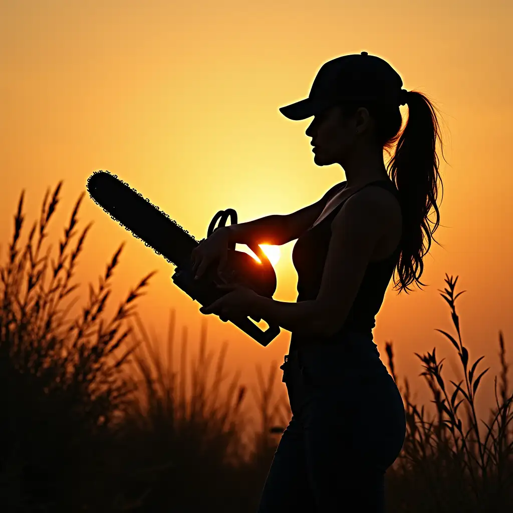 silhouette women with small chainsaw in hand