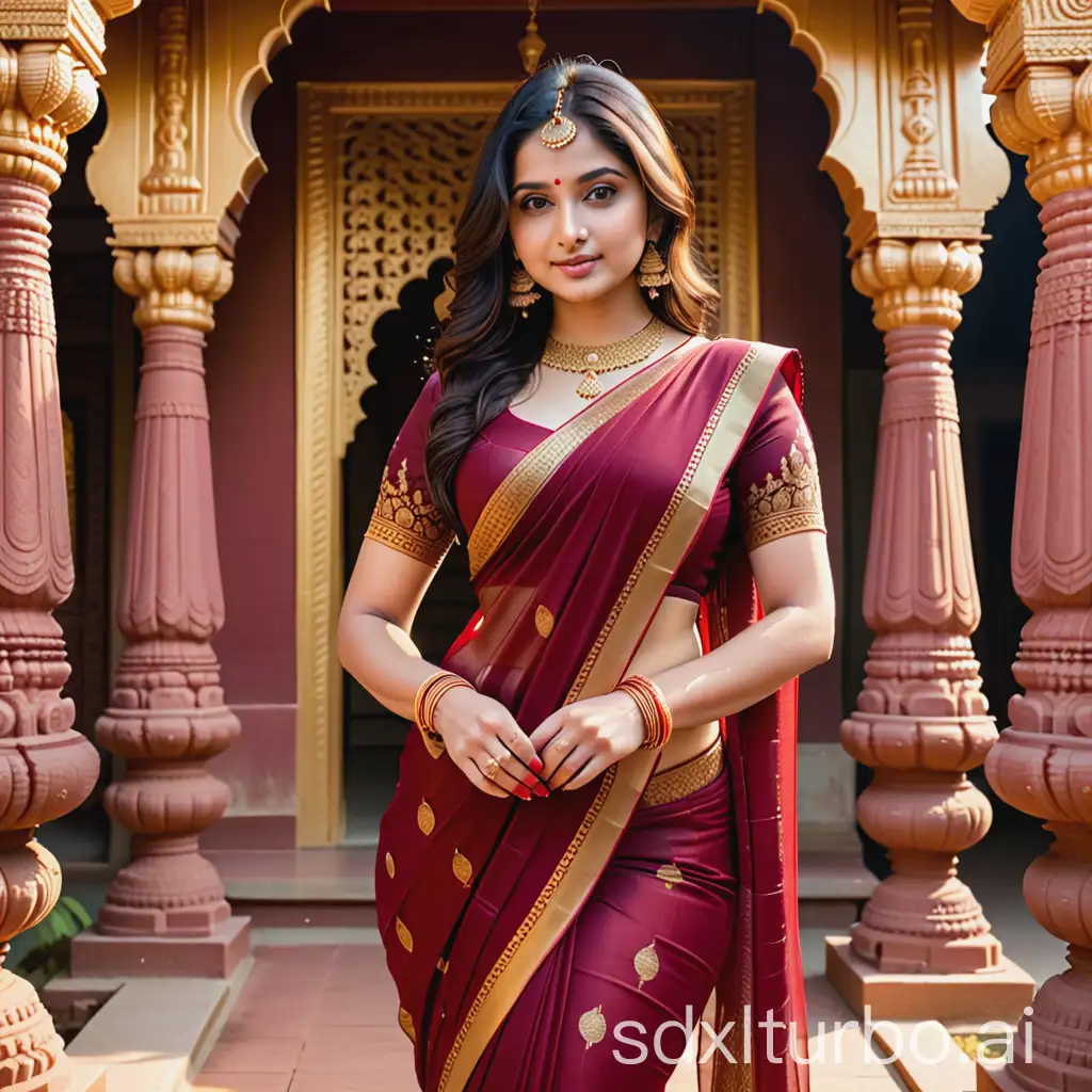 Radiant-Indian-Woman-in-Deep-Red-Saree-Posing-in-Front-of-Intricate-Temple-Carvings