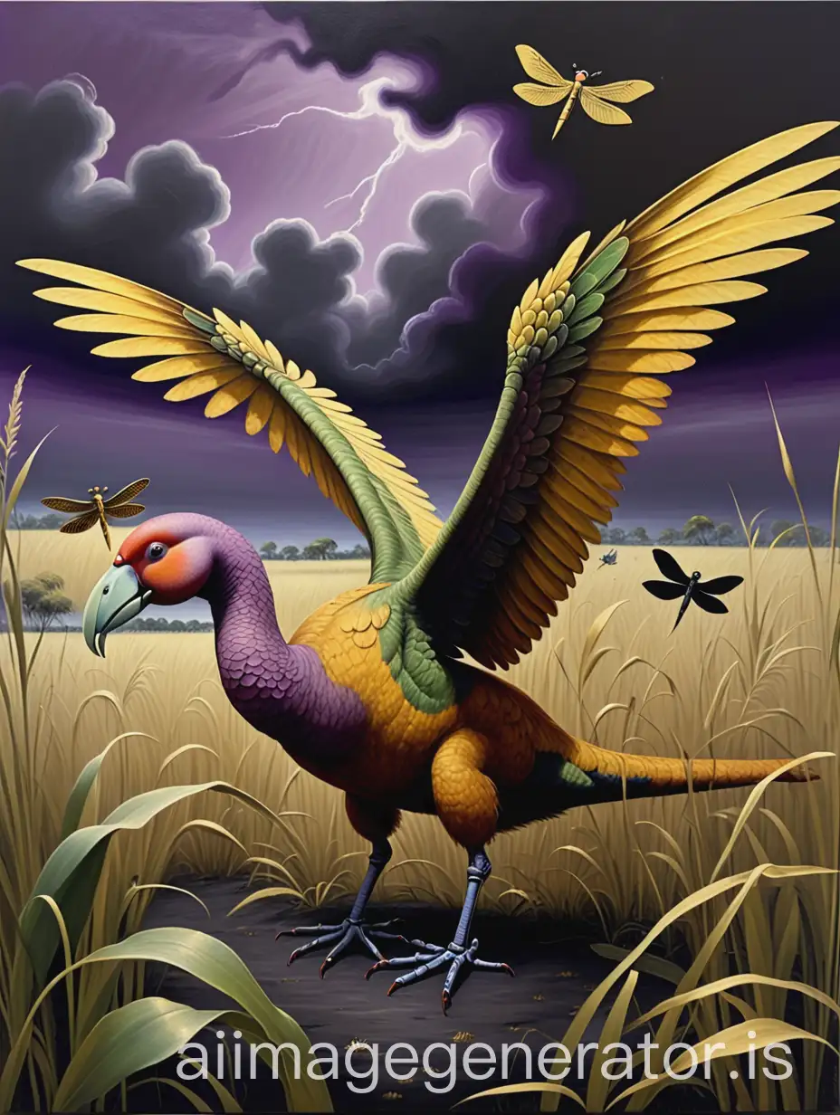 Dodo-with-Parrots-in-Stormy-Grassland-Under-Dark-Sky