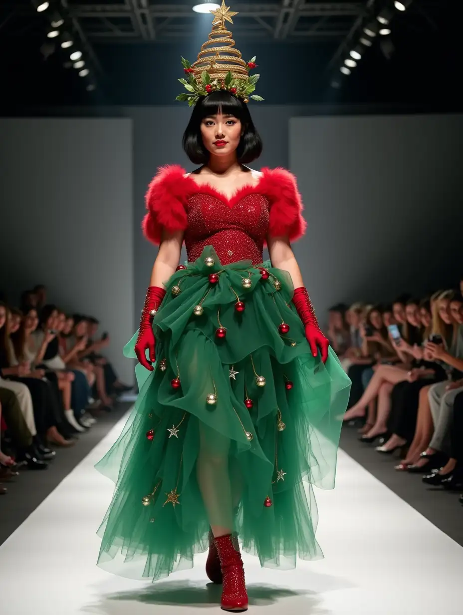 Photo of a woman (short, fat body, round face and medium black hair) walking towards the camera on the catwalk, wearing an Christmas-themed outfit inspired by a decorated Christmas tree. The outfit includes a (red bouffant dress) with a full body flowing green tulle overlay that mimics the shape of pine branches. The green tulle layers are adorned with small ornaments in red, gold, and silver, giving a festive appearance. The ensemble is complemented by red gloves decorated with small, pearl-like embellishments. The headpiece is elaborate, with a golden spiral structure adorned with holly, red berries, and a gold star at the top, adding a whimsical holiday touch. The background is a high-fashion runway scene. The runway is brightly lit with overhead lights, and an audience of photographers and fashion enthusiasts surrounds the stage, capturing her every move. The background is minimal, with soft gray panels that emphasize the model and the energy of a high-profile fashion show