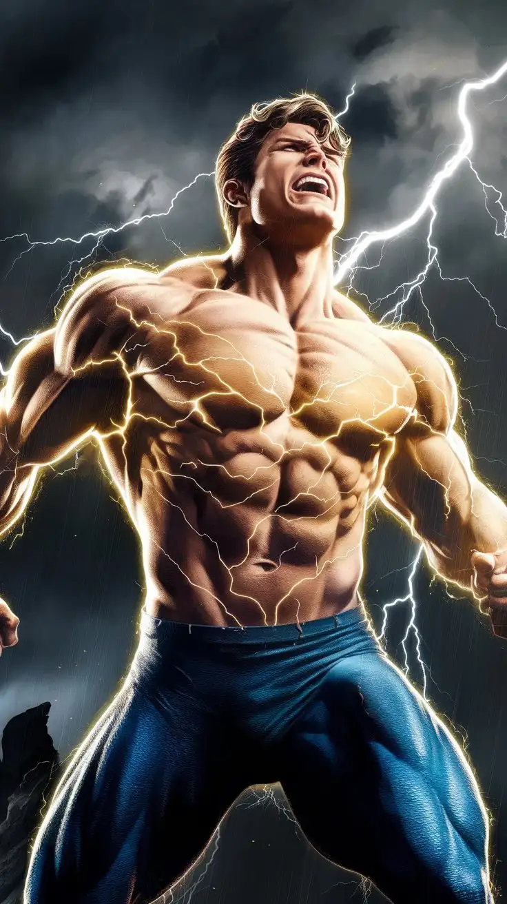 Supercharged brawn. Herculean powers. Golden electric glow. 18 years old. Super protege. Rearing back in agony in a lightning storm. Photorealistic.