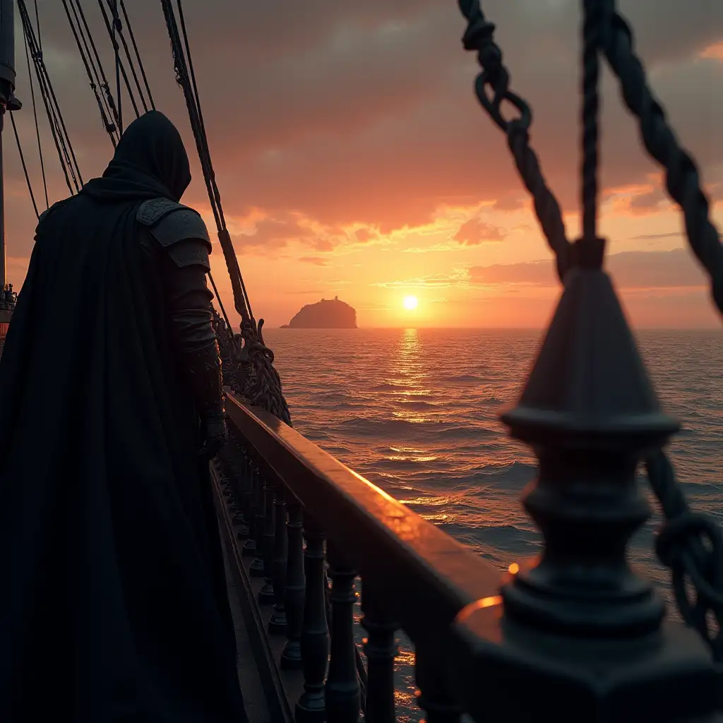 Dark-Fantasy-Warrior-Mage-Sailing-on-Galleon-at-Sunset