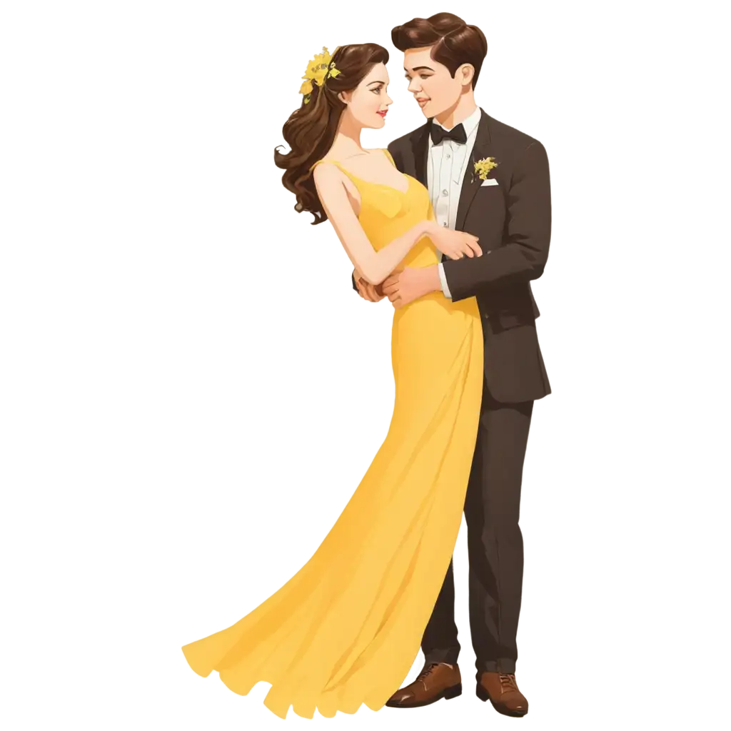 Illustration-of-Wedding-Couple-in-Yellow-Dress-PNG-Beautiful-Artwork-for-Celebratory-Moments