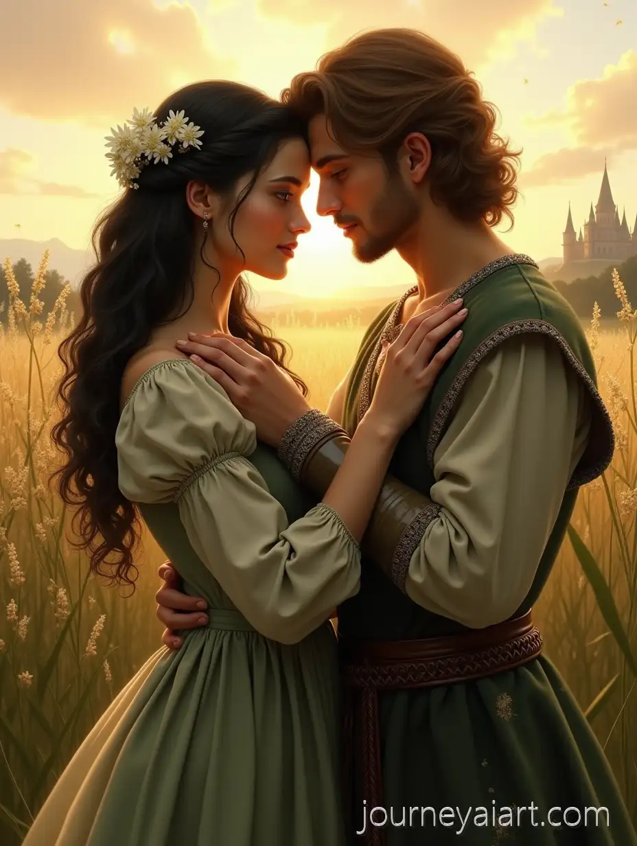 Medieval-fantasy-romance-paintingTender-Medieval-Couple-in-Sunlit-Meadow-PreRaphaelite-Fantasy-Oil-Painting