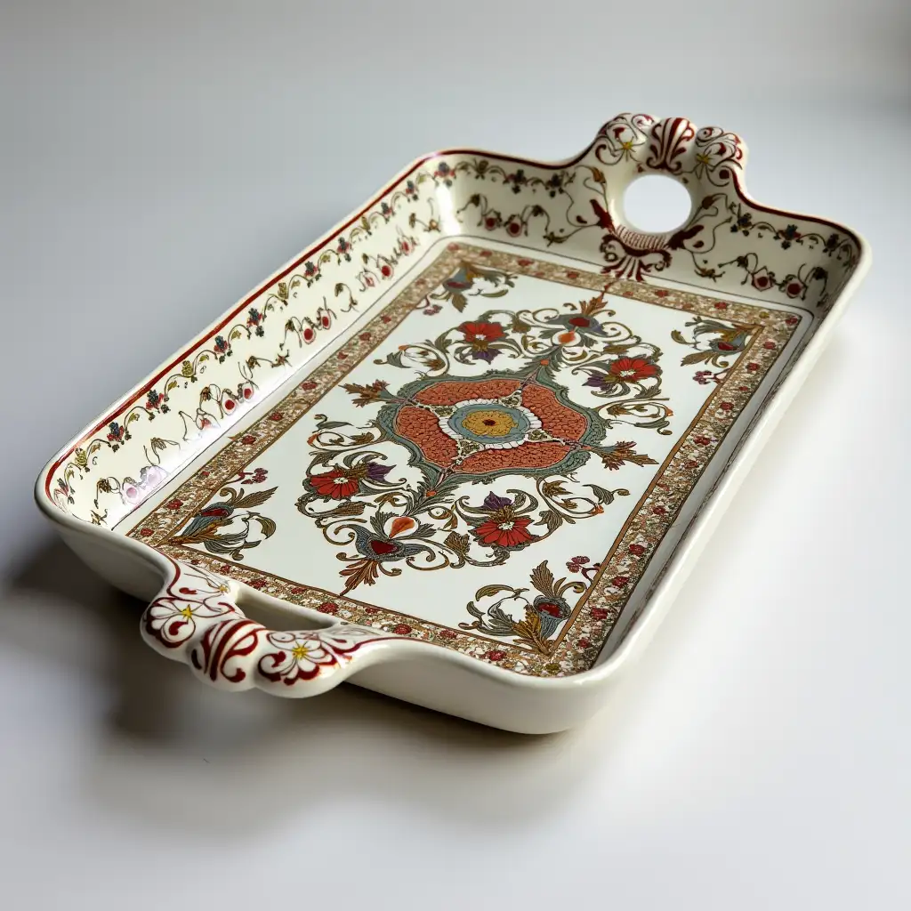 Rectanglere with rounded corners ceramic serving dish with embossed beautiful Ceramic handle, Underglaze painting on white body, Fine art, Hyper detailed, Antique and old, Qajar art, Iranian Tabriz carpet design