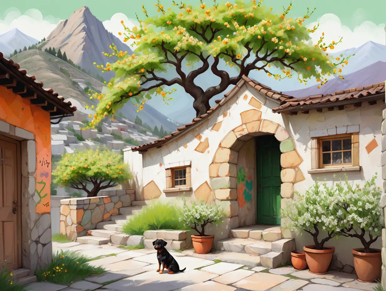 Bohemian-Style-Illustration-of-Stone-House-with-Mountain-View