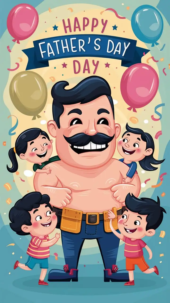 Cartoon Fathers Day Postcard Template with Cheerful Dad and Child