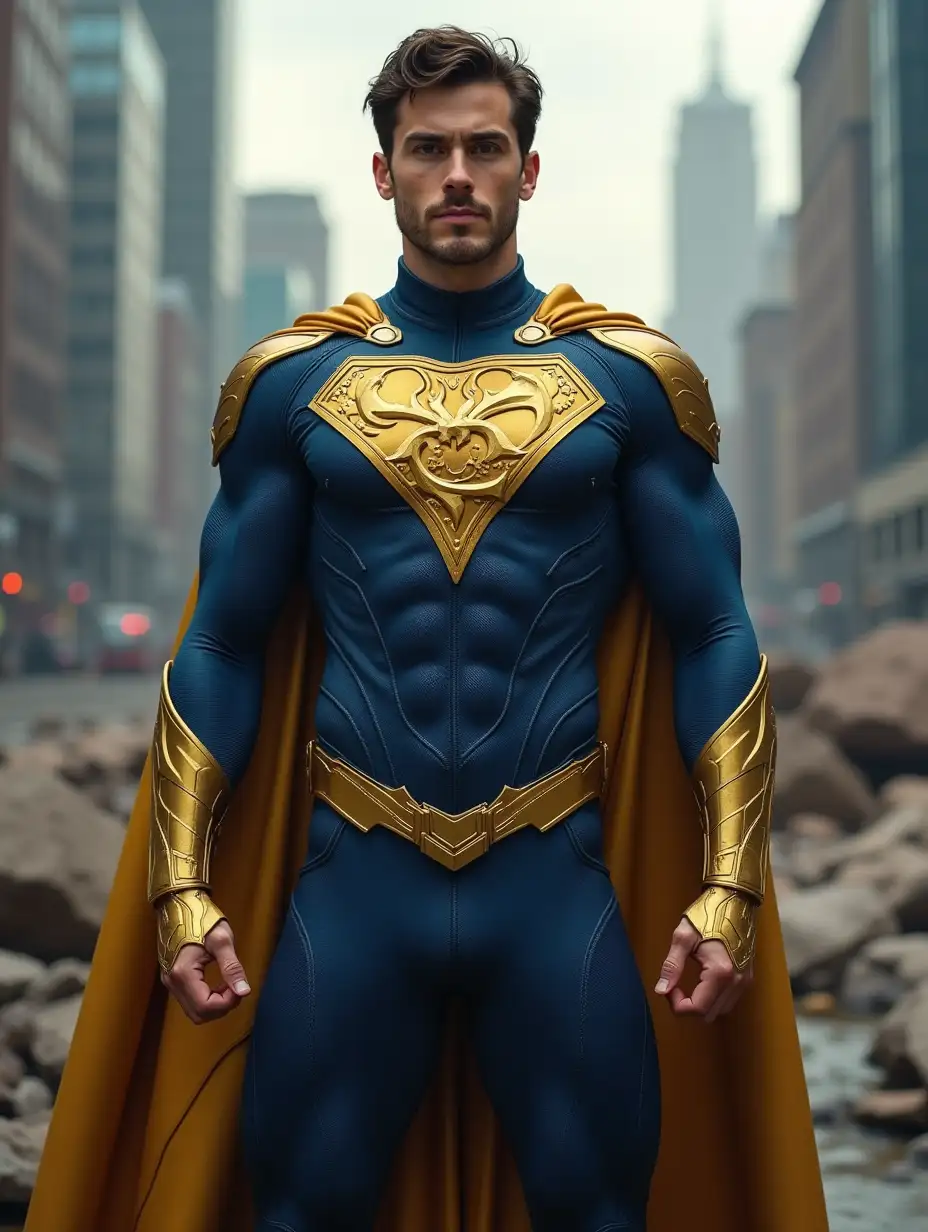 Male Superhero in Gold and Blue Suit Facing Camera Against Chaotic City Background